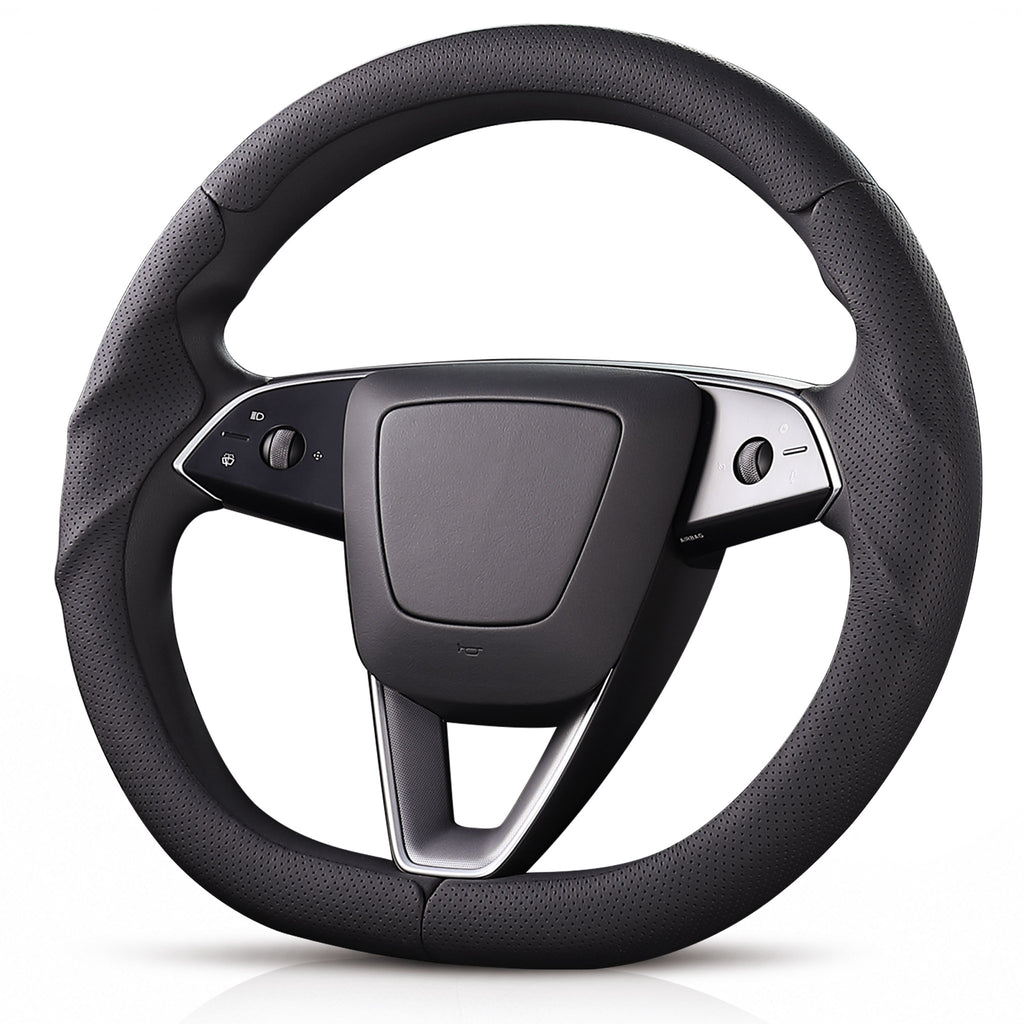 Angled front view of black perforated leather 3-piece steering wheel cover for Tesla Model 3 2024-present#Model=Model 3 2024-present|color=black perforated leather
