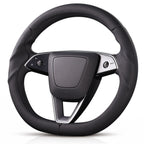 Angled front view of black perforated leather 3-piece steering wheel cover for Tesla Model 3 2024-present#Model=Model 3 2024-present|color=black perforated leather