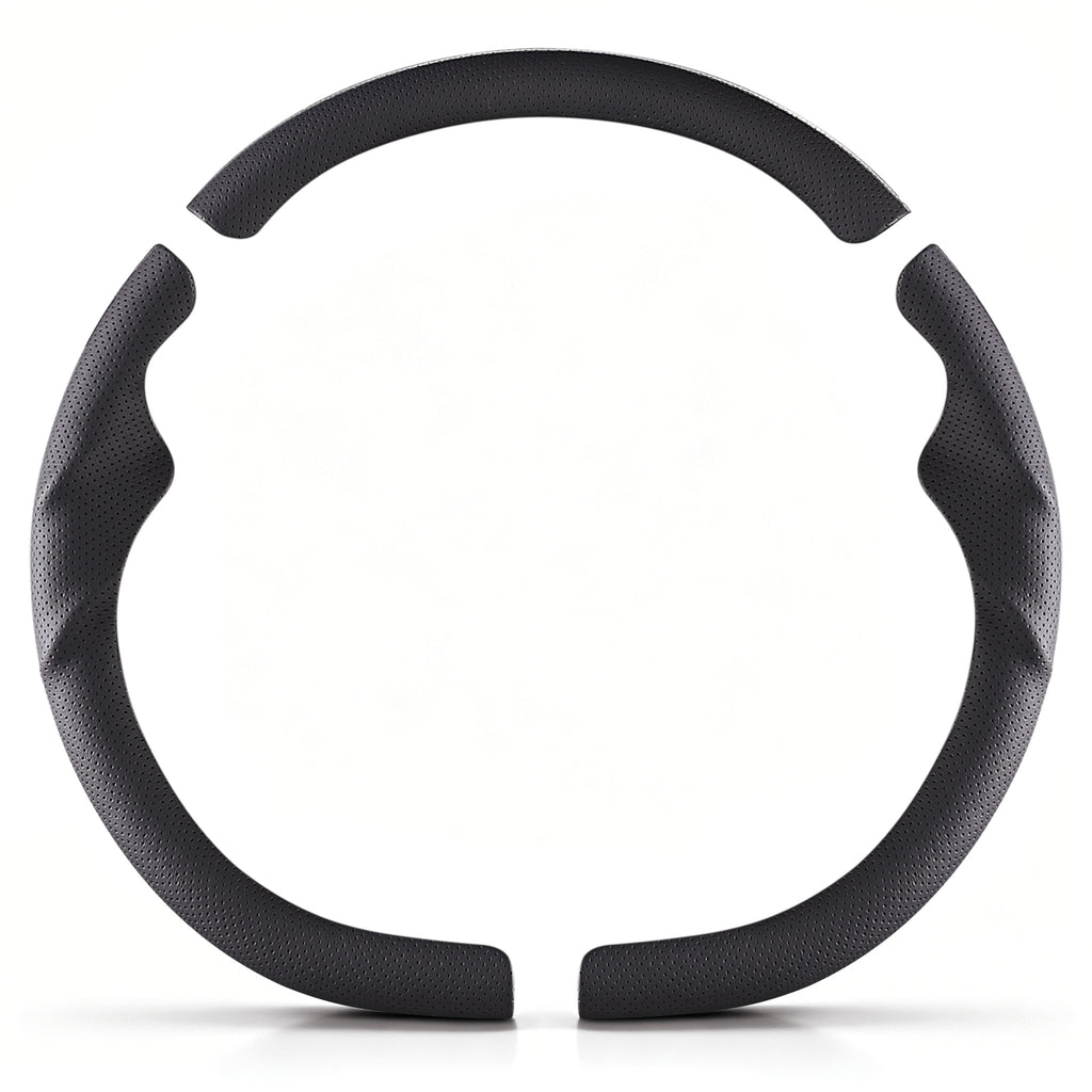 Front view of a black perforated leather 3-piece steering wheel cover set for Tesla Model 3 2024-present#Model=Model 3 2024-present|color=black perforated leather