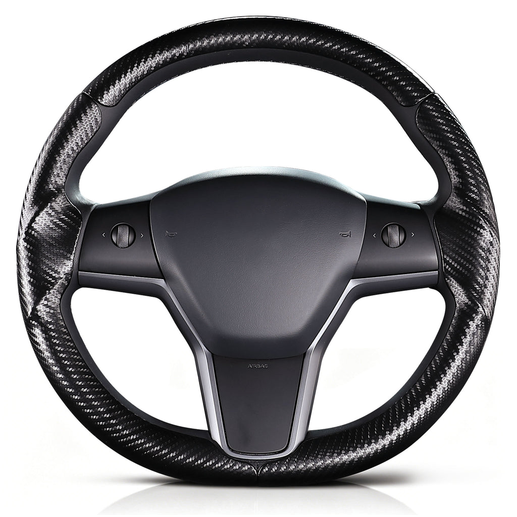 Front view of matte black carbon-fiber-style 3-piece steering wheel cover for Tesla Model 3 2017-2023#Model=Model 3 2017-2023|color=matte black