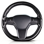 Front view of matte black carbon-fiber-style 3-piece steering wheel cover for Tesla Model 3 2017-2023#Model=Model 3 2017-2023|color=matte black