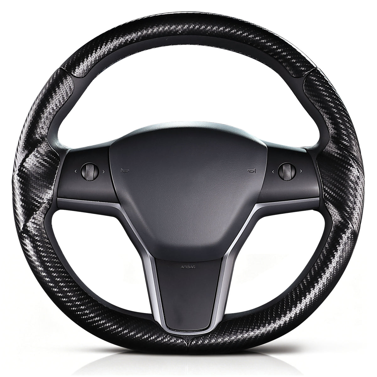 Front view of matte black carbon-fiber-style 3-piece steering wheel cover for Tesla Model 3 2017-2023#Model=Model 3 2017-2023|color=matte black