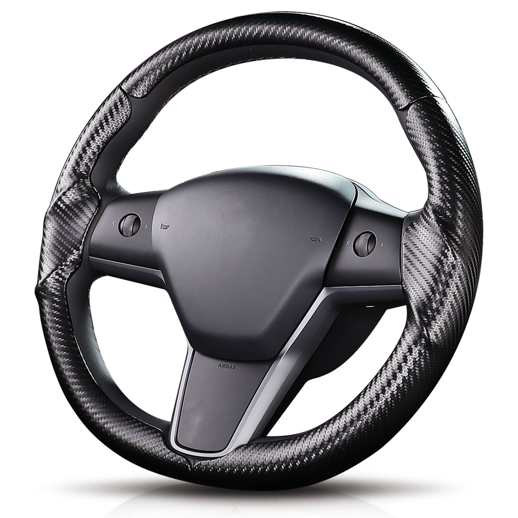 Angled front view of matte black carbon-fiber-style 3-piece steering wheel cover for Tesla Model 3 2017-2023#Model=Model 3 2017-2023|color=matte black