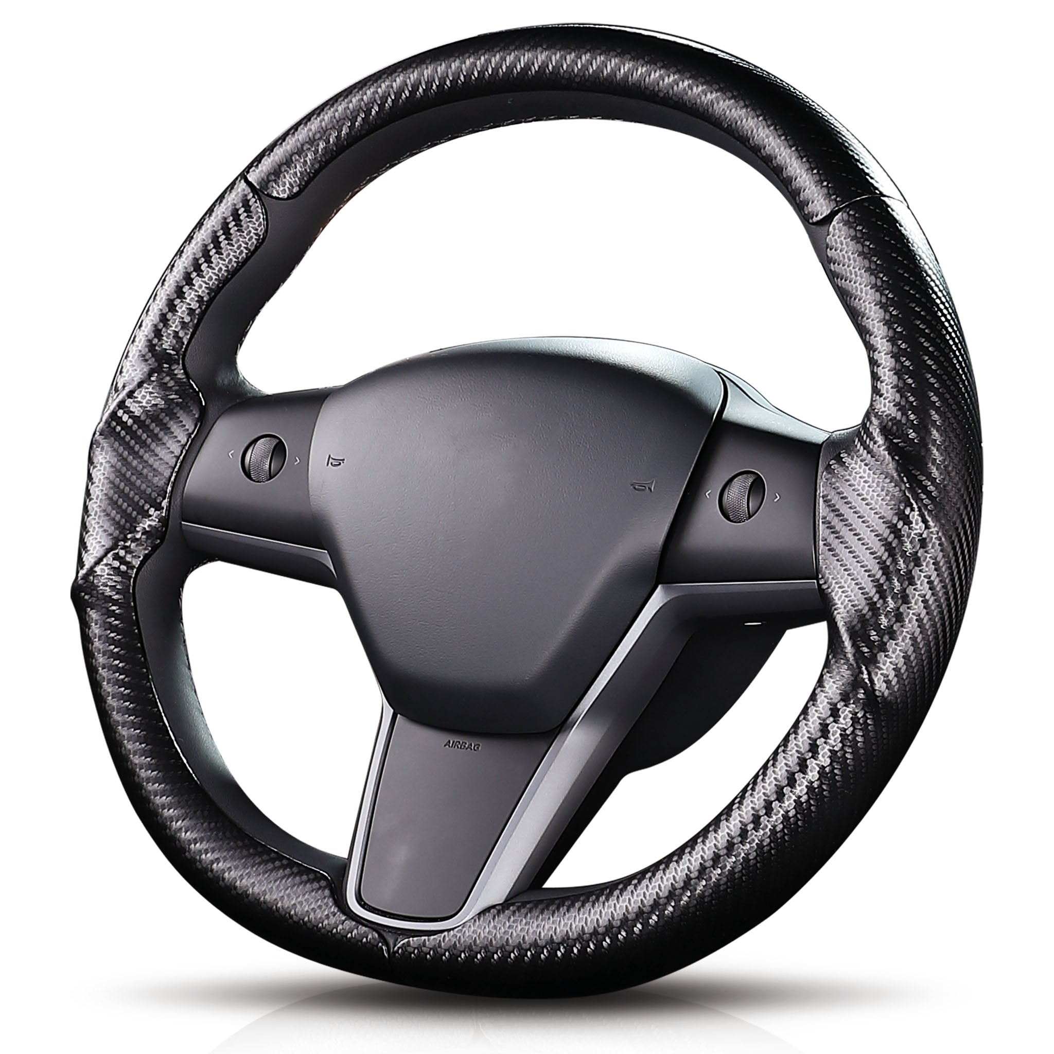 Angled front view of matte black carbon-fiber-style 3-piece steering wheel cover for Tesla Model 3 2017-2023#Model=Model 3 2017-2023|color=matte black