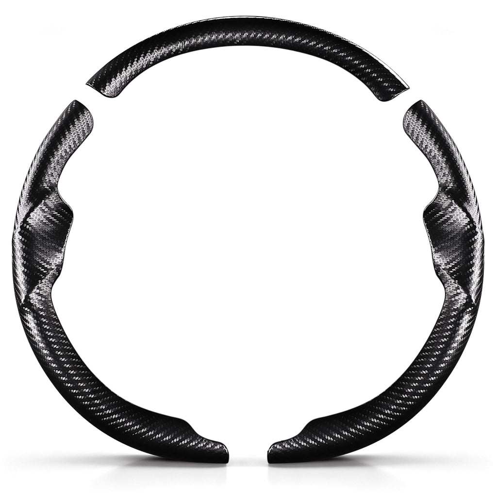 Front view of a matte black carbon-fiber-style 3-piece steering wheel cover set for Tesla Model 3 2017-2023#Model=Model 3 2017-2023|color=matte black