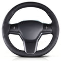Front view of black perforated leather 3-piece steering wheel cover for Tesla Model 3 2017-2023#Model=Model 3 2017-2023|color=black perforated leather