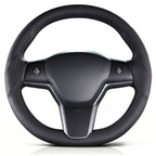 Front view of black perforated leather 3-piece steering wheel cover for Tesla Model 3 2017-2023#Model=Model 3 2017-2023|color=black perforated leather