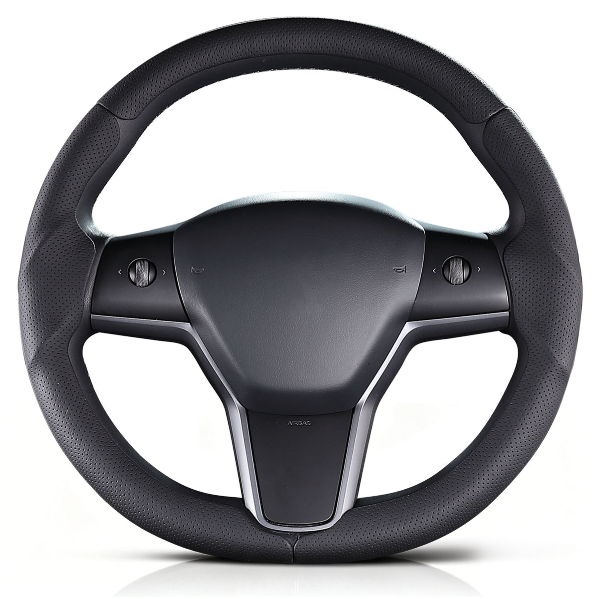 Front view of black perforated leather 3-piece steering wheel cover for Tesla Model 3 2017-2023#Model=Model 3 2017-2023|color=black perforated leather