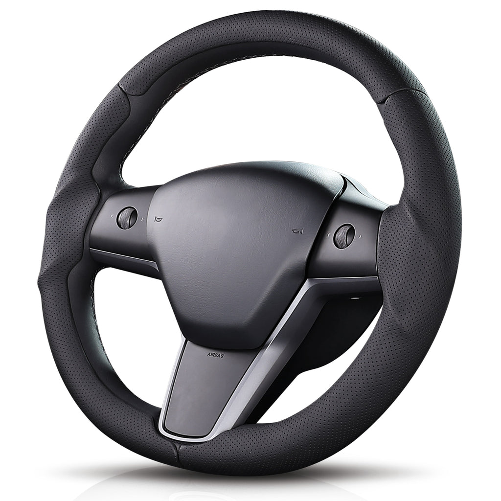 Angled front view of black perforated leather 3-piece steering wheel cover for Tesla Model 3 2017-2023#Model=Model 3 2017-2023|color=black perforated leather