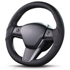 Angled front view of black perforated leather 3-piece steering wheel cover for Tesla Model 3 2017-2023#Model=Model 3 2017-2023|color=black perforated leather