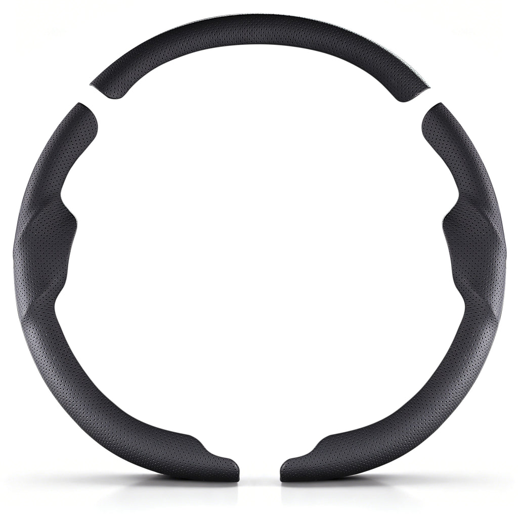 Front view of a black perforated leather 3-piece steering wheel cover set for Tesla Model 3 2017-2023#Model=Model 3 2017-2023|color=black perforated leather