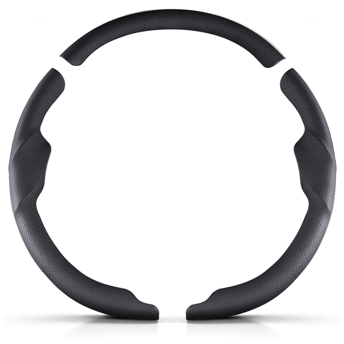 Front view of a black perforated leather 3-piece steering wheel cover set for Tesla Model 3 2017-2023#Model=Model 3 2017-2023|color=black perforated leather