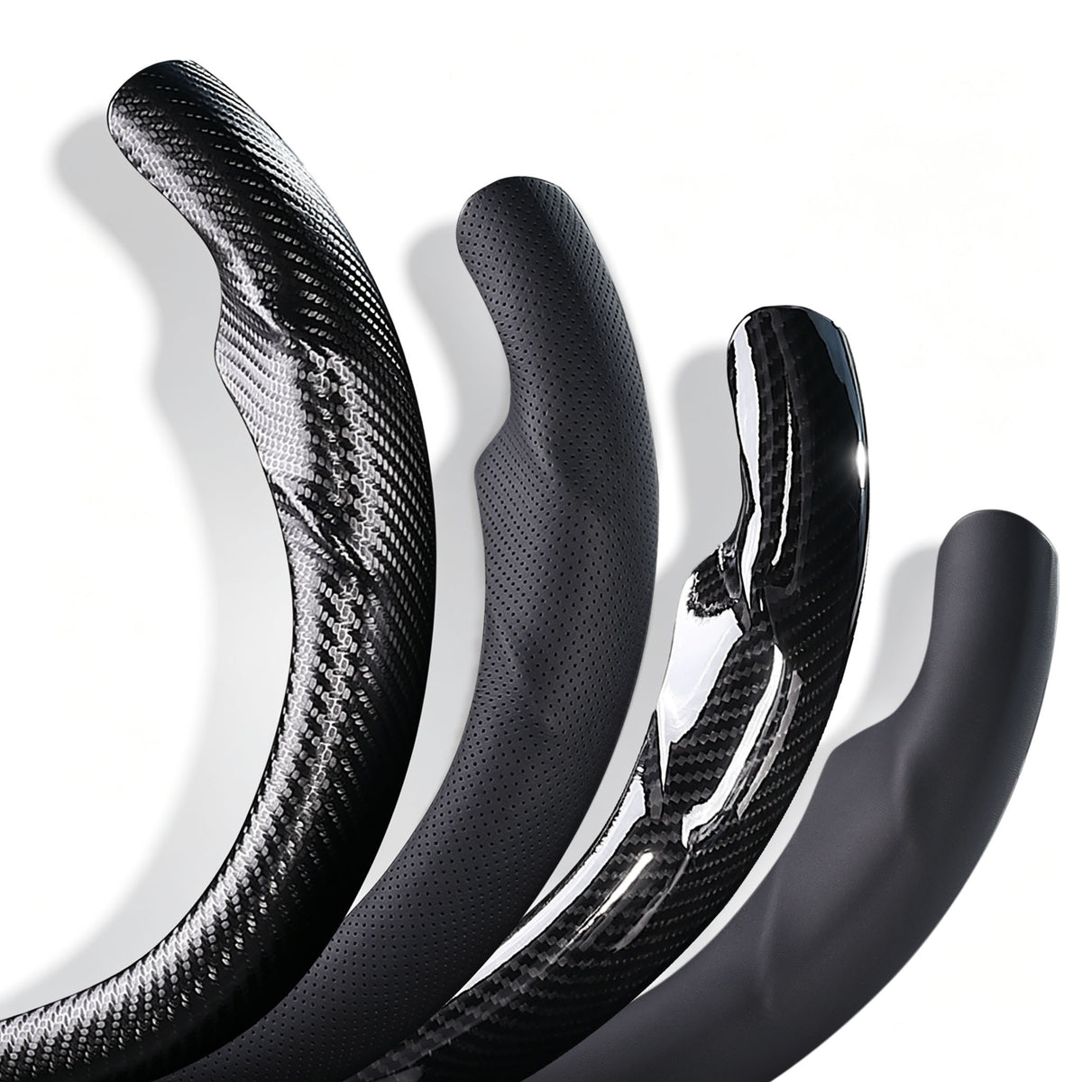Close-up comparison of leather and carbon-fiber-style 3-piece steering wheel cover finishes for Tesla Model Y 2025-present#Model=Model Y 2025-present|color=matte black