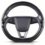 Front view of matte black carbon-fiber-style 3-piece steering wheel cover for Tesla Model Y 2025-present#Model=Model Y 2025-present|color=matte black