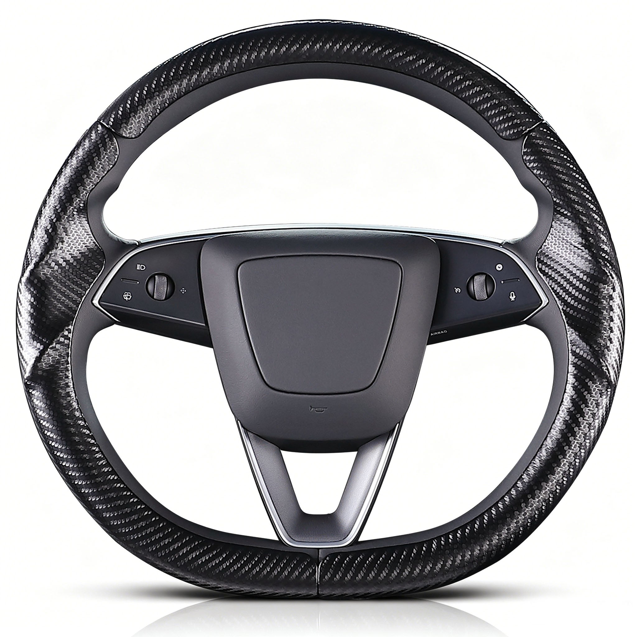 Front view of matte black carbon-fiber-style 3-piece steering wheel cover for Tesla Model Y 2025-present#Model=Model Y 2025-present|color=matte black