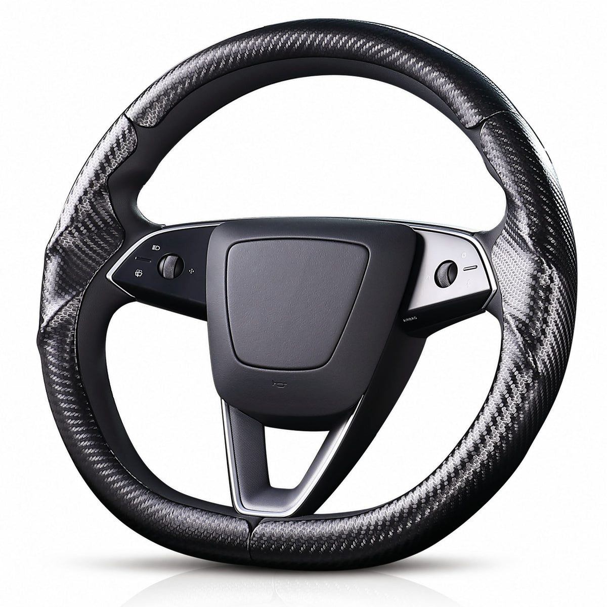 Angled front view of matte black carbon-fiber-style 3-piece steering wheel cover for Tesla Model Y 2025-present#Model=Model Y 2025-present|color=matte black