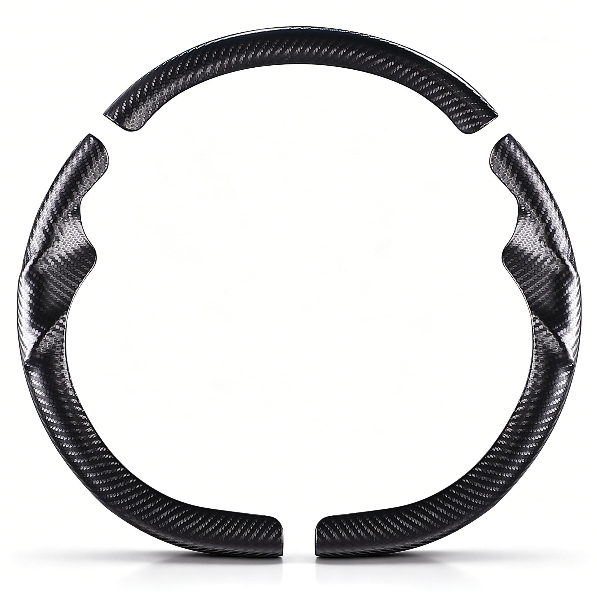 Front view of a matte black carbon-fiber-style 3-piece steering wheel cover set for Tesla Model Y 2025-present#Model=Model Y 2025-present|color=matte black