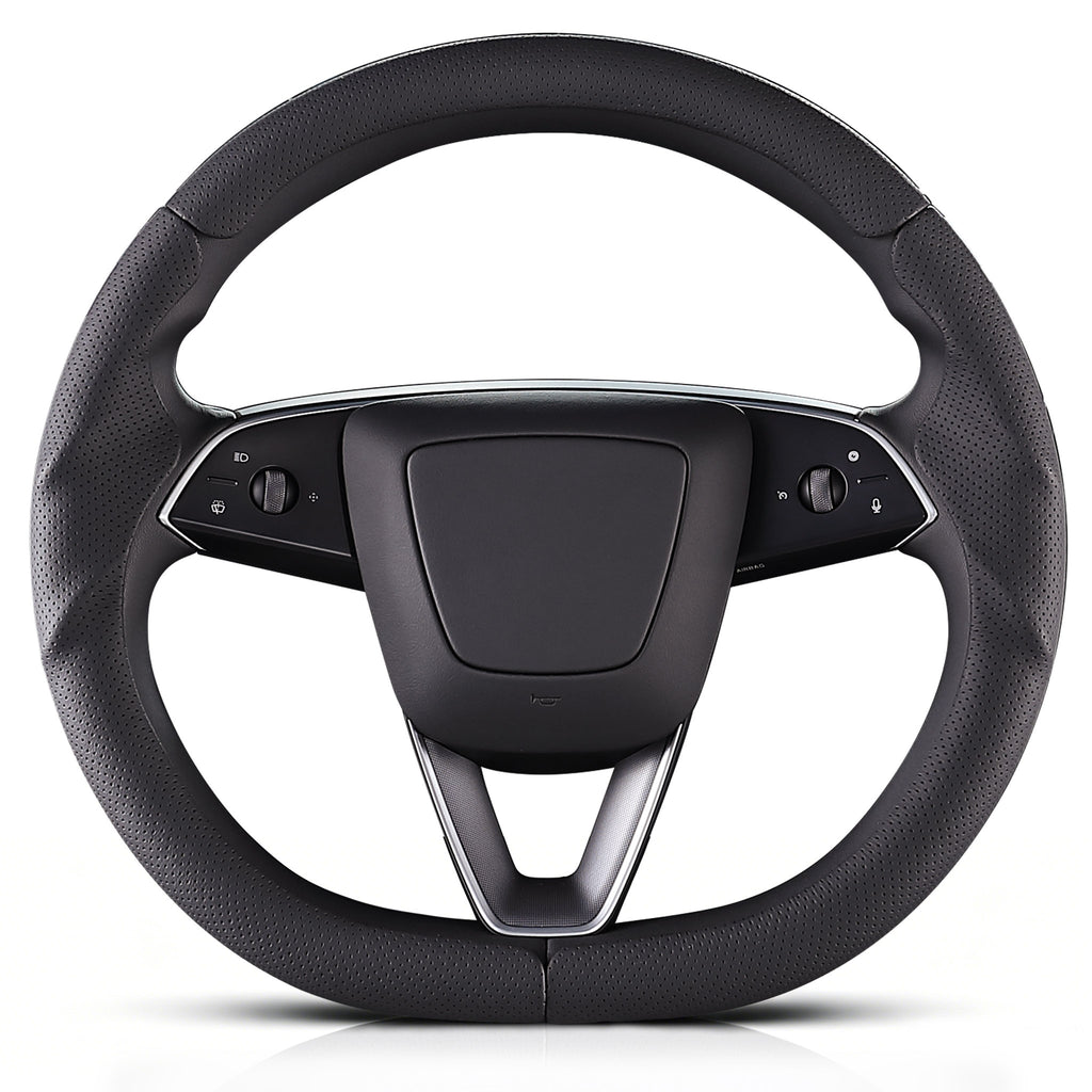 Front view of black perforated leather 3-piece steering wheel cover for Tesla Model Y 2025-present#Model=Model Y 2025-present|color=black perforated leather