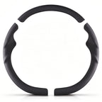 Front view of a black perforated leather 3-piece steering wheel cover set for Tesla Model Y 2025-present#Model=Model Y 2025-present|color=black perforated leather