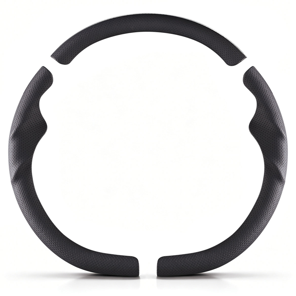 Front view of a black perforated leather 3-piece steering wheel cover set for Tesla Model Y 2025-present#Model=Model Y 2025-present|color=black perforated leather