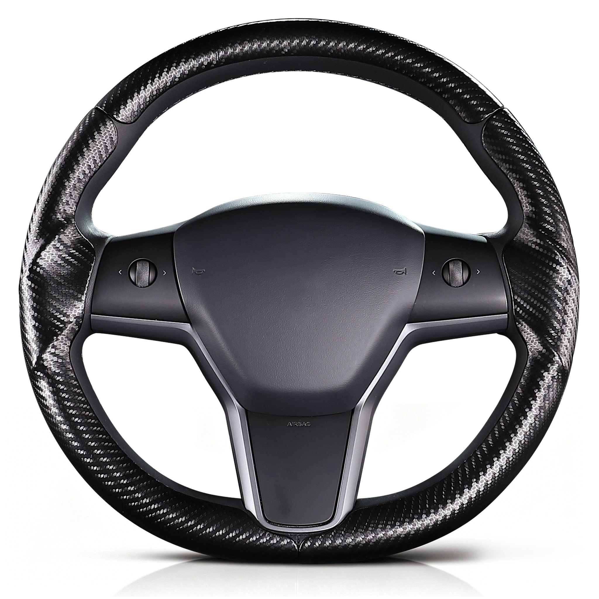 Front view of matte black carbon-fiber-style 3-piece steering wheel cover for Tesla Model Y 2020-2024#Model=Model Y 2020-2024|color=matte black