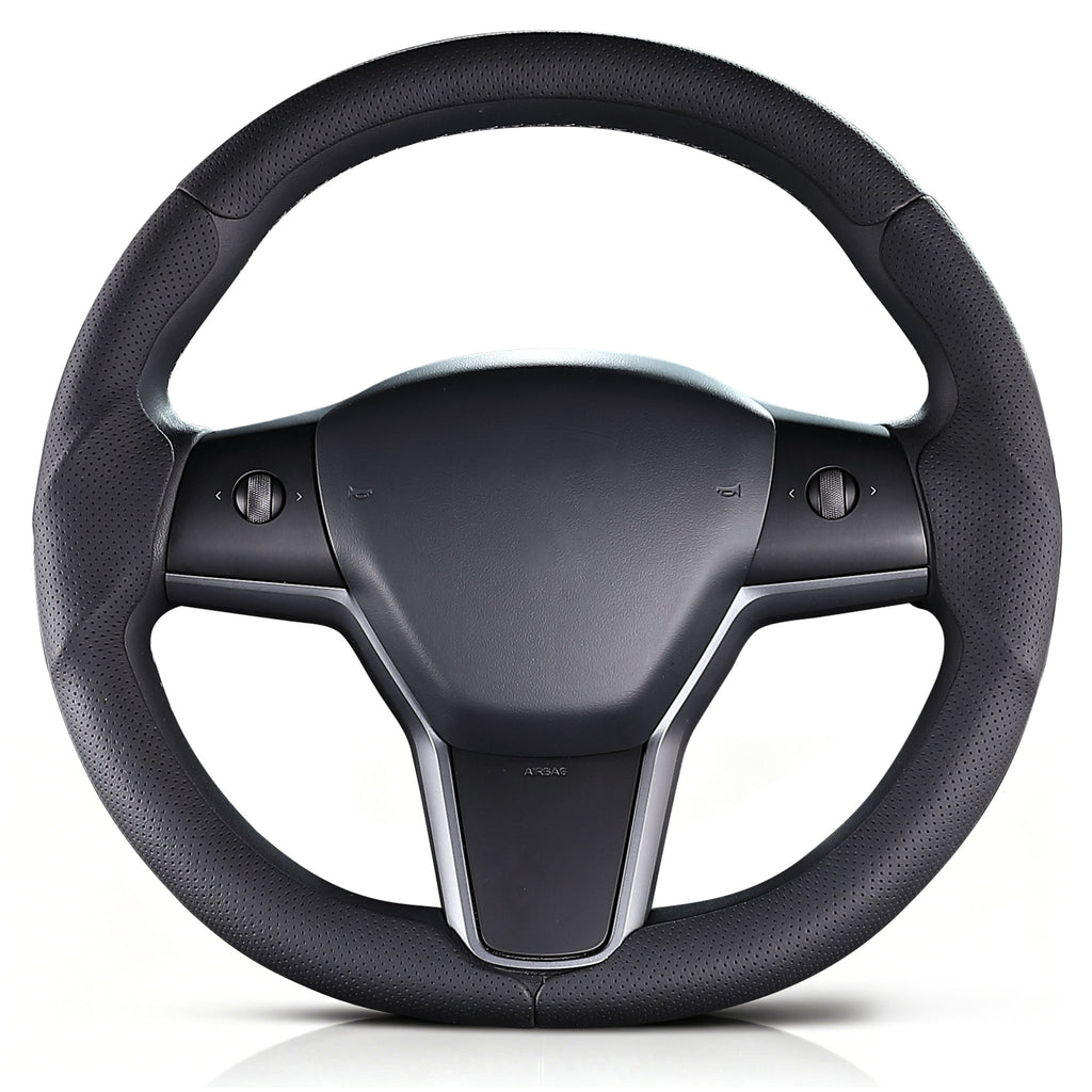 Front view of black perforated leather 3-piece steering wheel cover for Tesla Model Y 2020-2024#Model=Model Y 2020-2024|color=black perforated leather