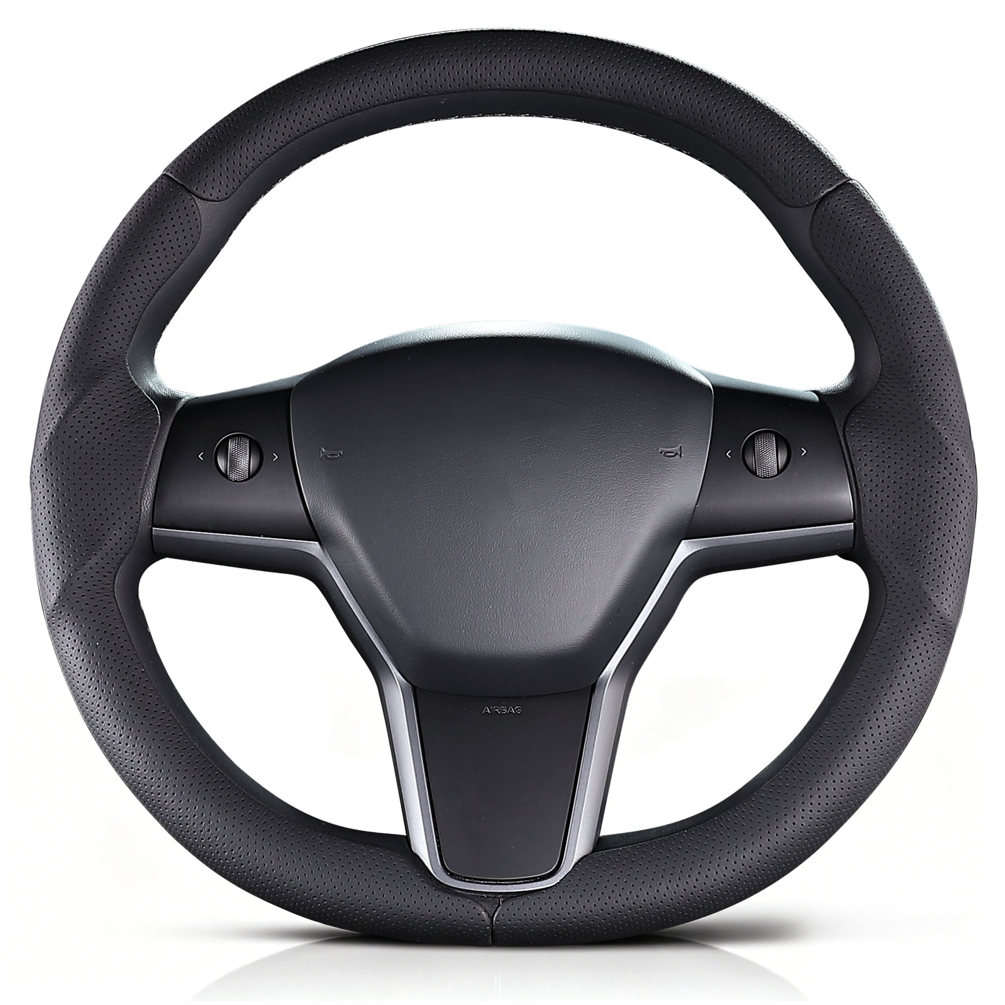 Front view of black perforated leather 3-piece steering wheel cover for Tesla Model Y 2020-2024#Model=Model Y 2020-2024|color=black perforated leather