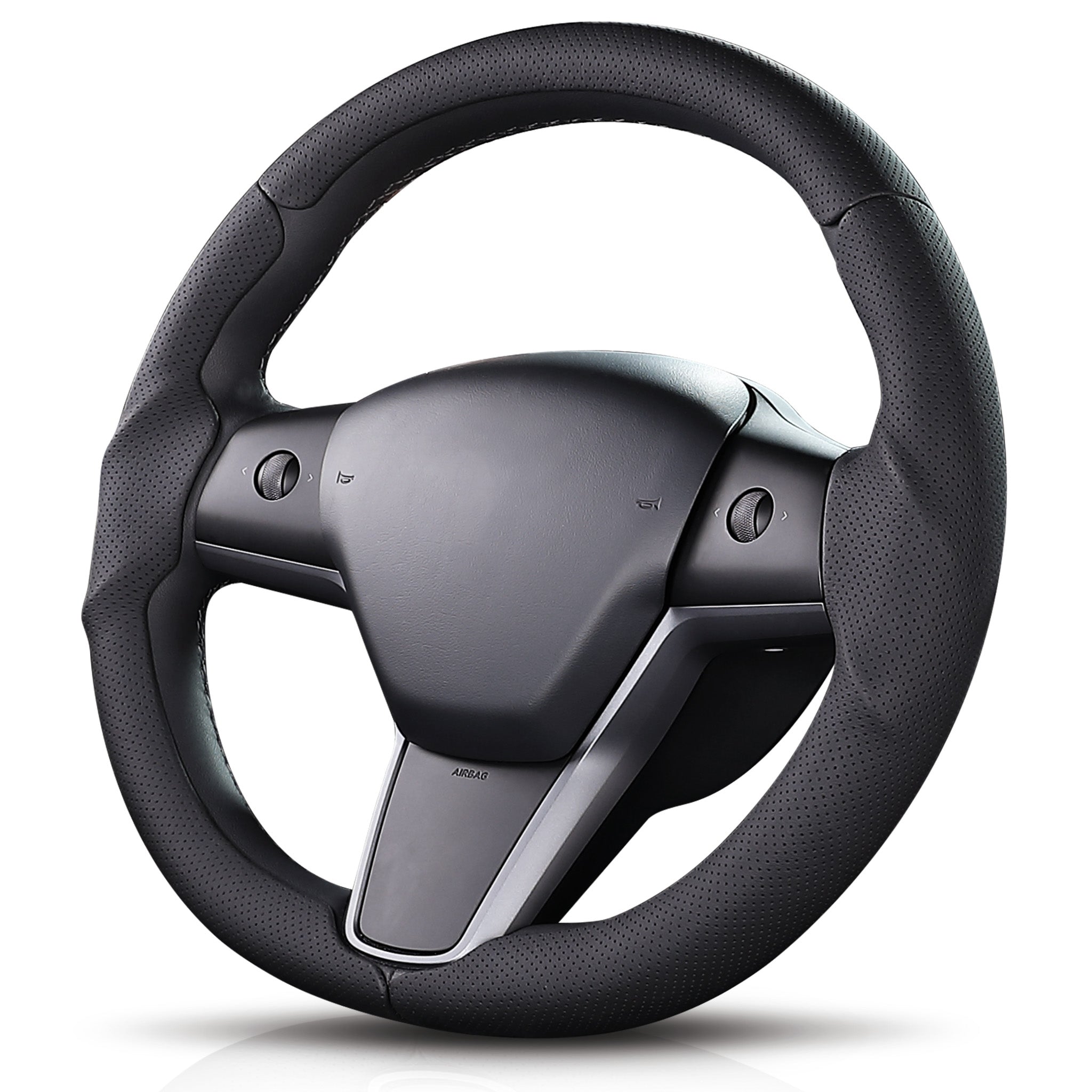 Angled front view of black perforated leather 3-piece steering wheel cover for Tesla Model Y 2020-2024#Model=Model Y 2020-2024|color=black perforated leather