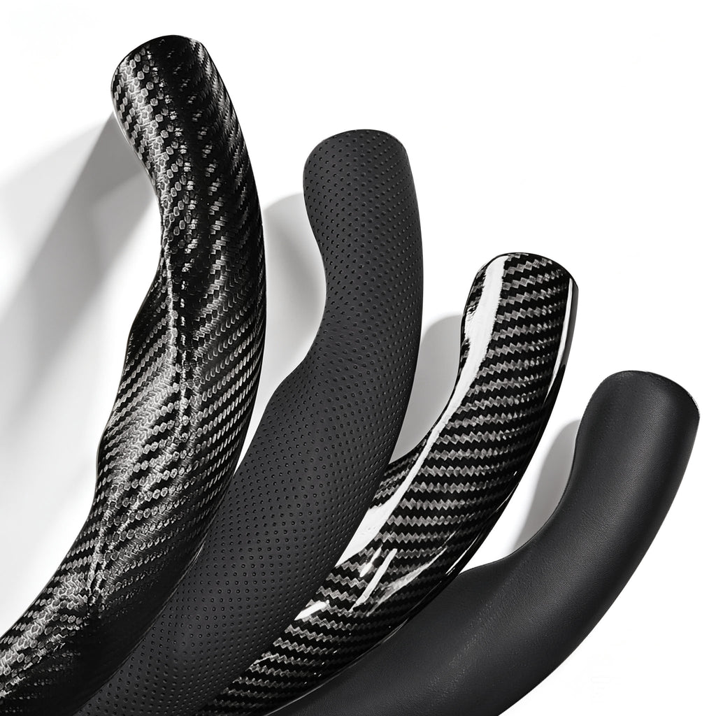 Close-up comparison of black leather and black carbon-fiber-style 3-piece steering wheel cover finishes for Toyota Camry 2015-2017 & Camry SE 2012-2014#color=black