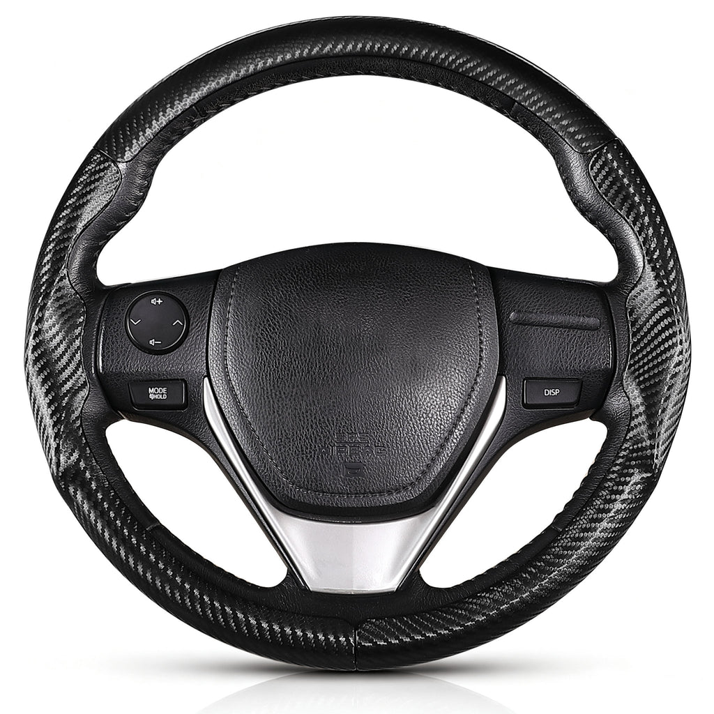 Front view of matte black carbon-fiber-style 3-piece steering wheel cover for Toyota Camry 2015-2017 & Camry SE 2012-2014#color=matte black