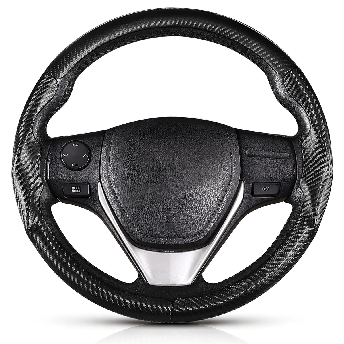 Front view of matte black carbon-fiber-style 3-piece steering wheel cover for Toyota Camry 2015-2017 & Camry SE 2012-2014#color=matte black