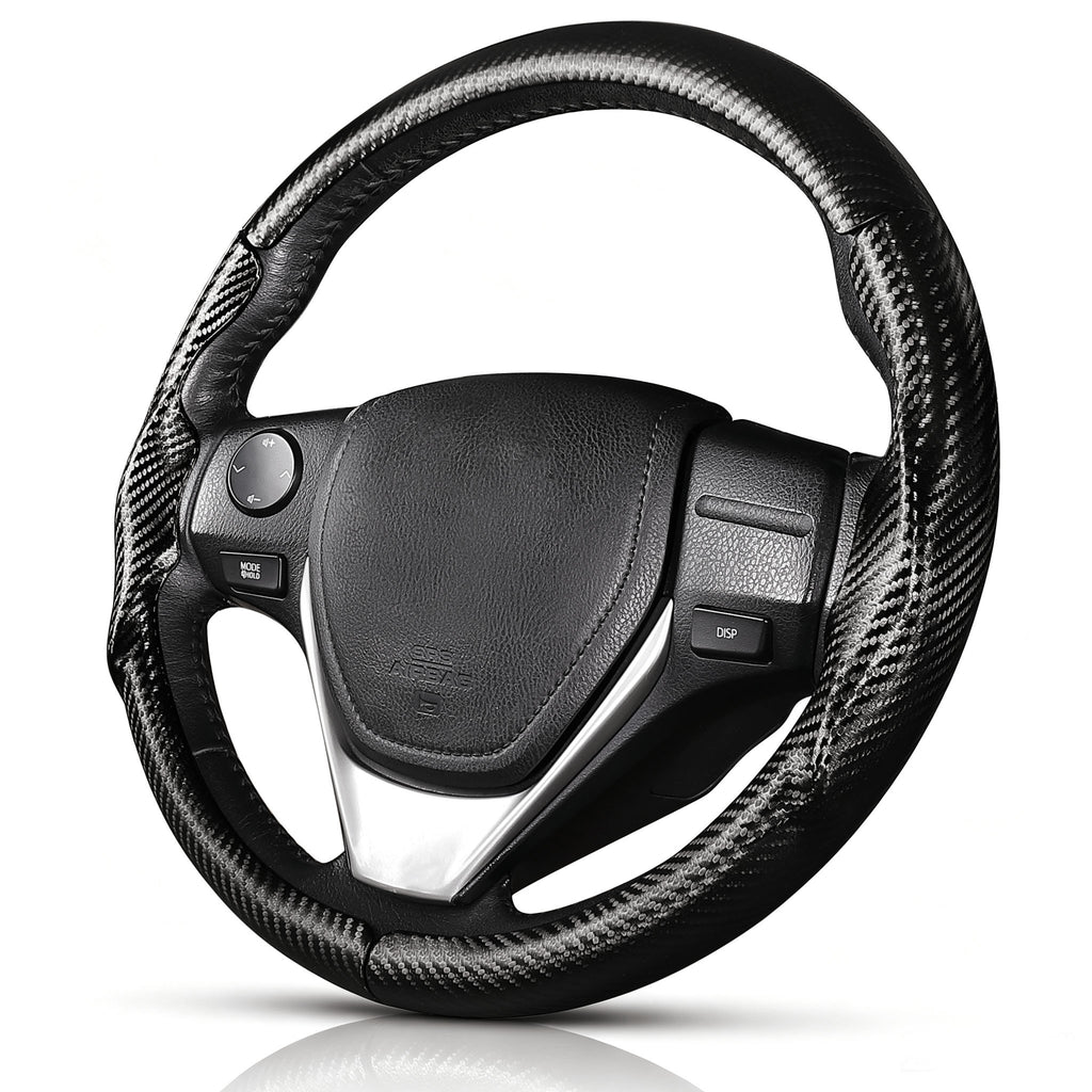 Angled front view of matte black carbon-fiber-style 3-piece steering wheel cover for Toyota Camry 2015-2017 & Camry SE 2012-2014#color=matte black