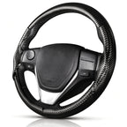 Angled front view of matte black carbon-fiber-style 3-piece steering wheel cover for Toyota Camry 2015-2017 & Camry SE 2012-2014#color=matte black