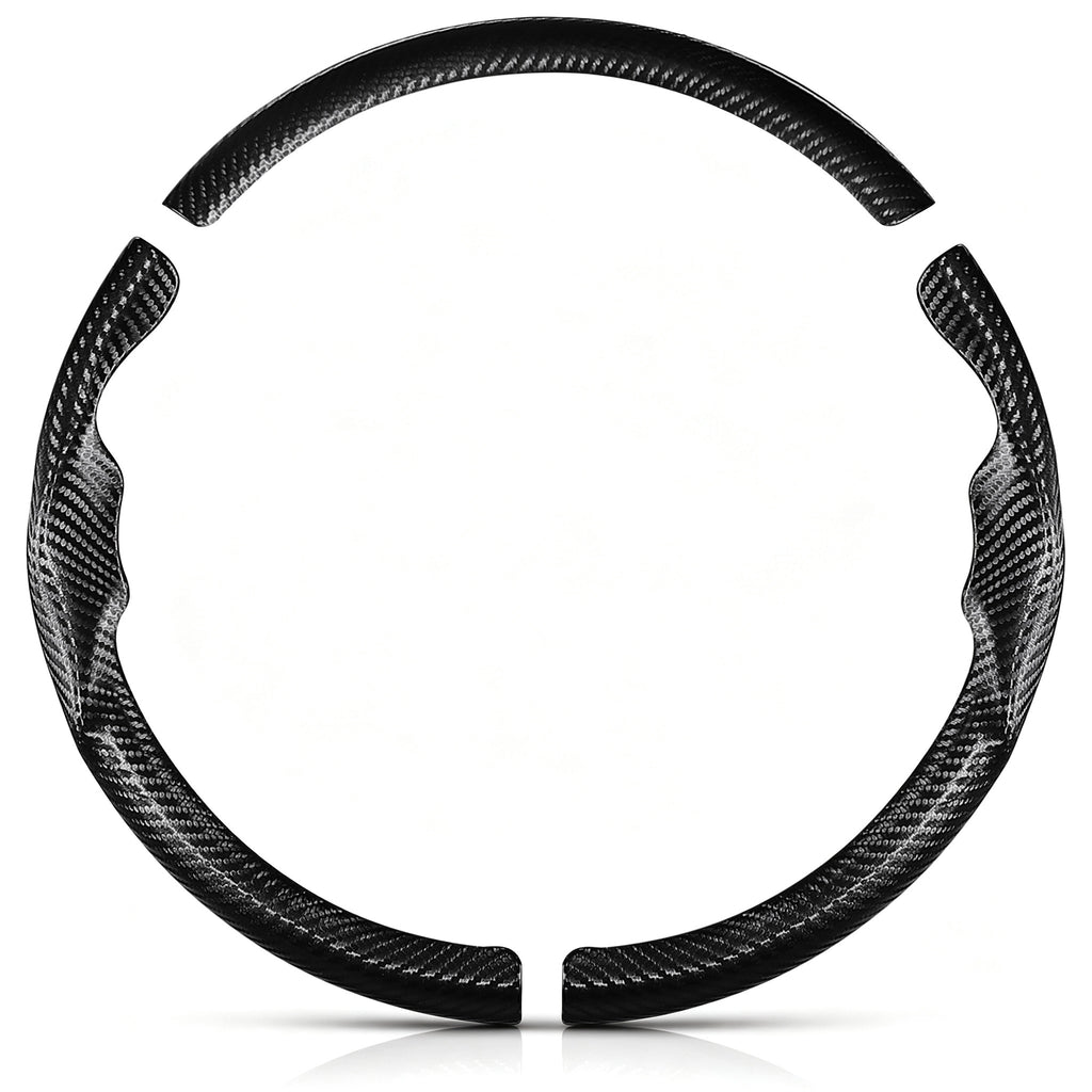 Front view of a matte black carbon-fiber-style 3-piece steering wheel cover set for Toyota Camry 2015-2017 & Camry SE 2012-2014#color=matte black