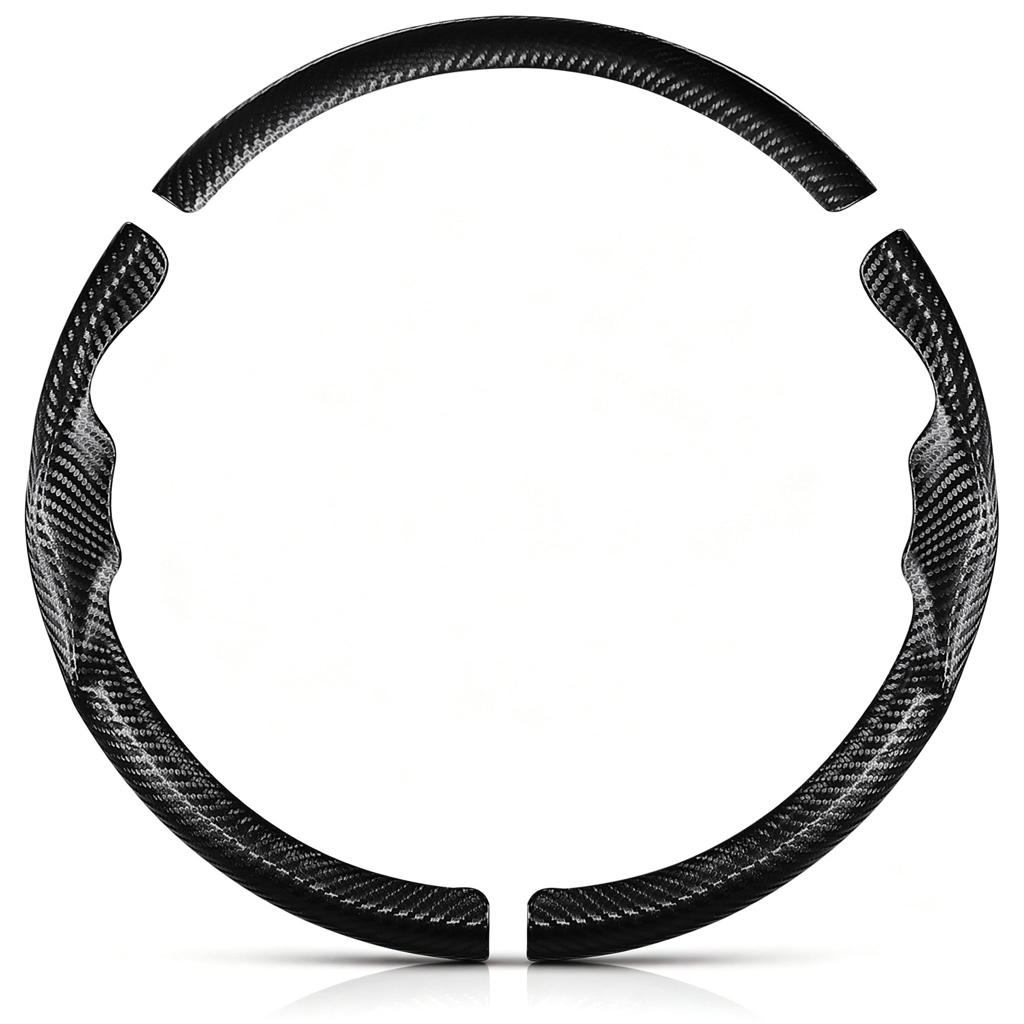 Front view of a matte black carbon-fiber-style 3-piece steering wheel cover set for Toyota Camry 2015-2017 & Camry SE 2012-2014#color=matte black