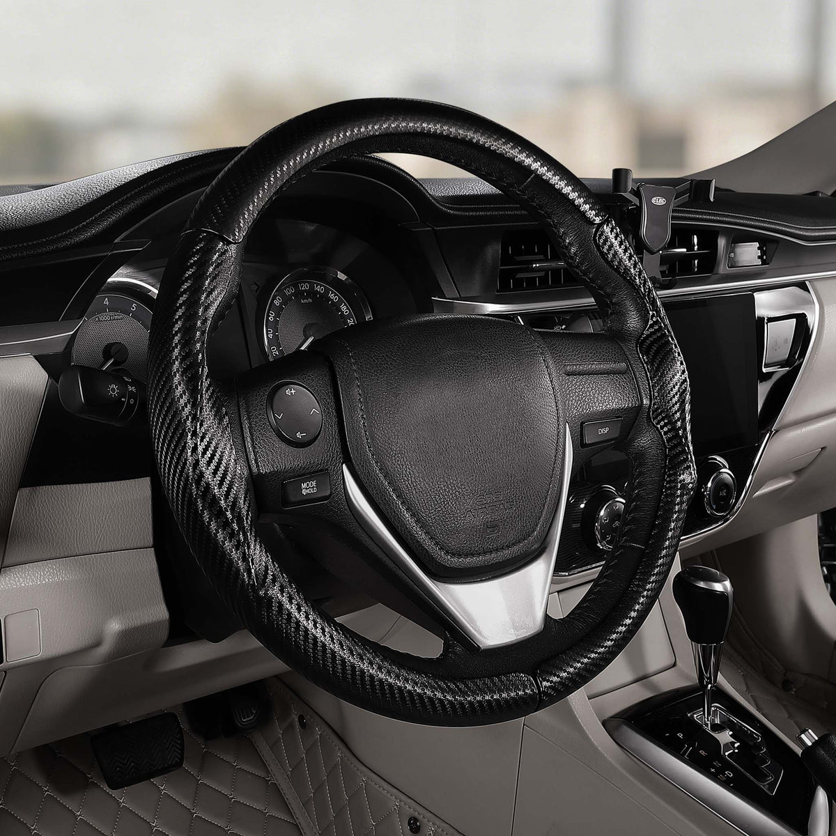 Cockpit view of matte black carbon-fiber-style 3-piece steering wheel cover for Honda Civic 2016-2021