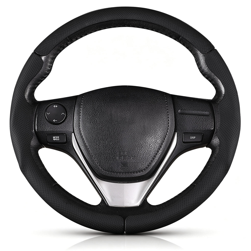 Front view of black perforated leather 3-piece steering wheel cover for Toyota Camry 2015-2017 & Camry SE 2012-2014#color=black perforated leather