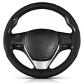 Front view of black perforated leather 3-piece steering wheel cover for Toyota Camry 2015-2017 & Camry SE 2012-2014#color=black perforated leather