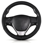 Front view of black perforated leather 3-piece steering wheel cover for Toyota Camry 2015-2017 & Camry SE 2012-2014#color=black perforated leather