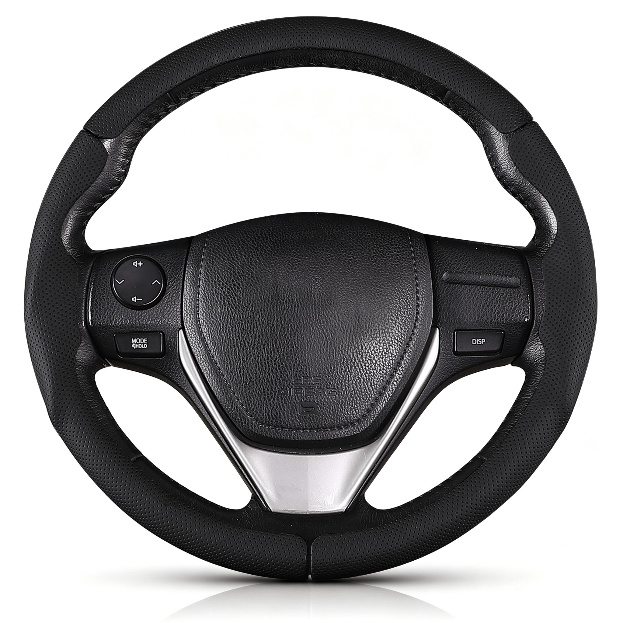 Front view of black perforated leather 3-piece steering wheel cover for Toyota Camry 2015-2017 & Camry SE 2012-2014#color=black perforated leather