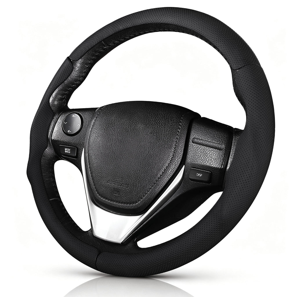 Angled front view of black perforated leather 3-piece steering wheel cover for Toyota Camry 2015-2017 & Camry SE 2012-2014#color=black perforated leather
