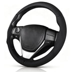 Angled front view of black perforated leather 3-piece steering wheel cover for Toyota Camry 2015-2017 & Camry SE 2012-2014#color=black perforated leather