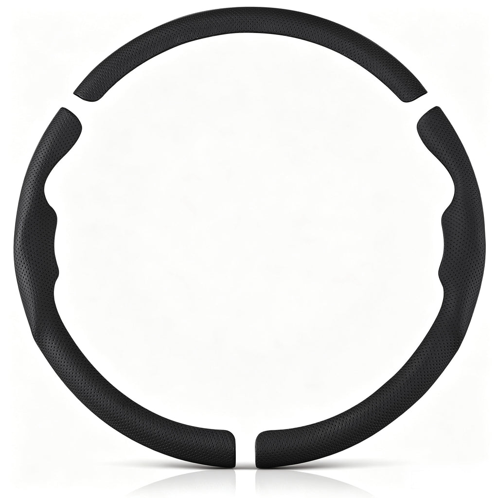 Front view of a black perforated leather 3-piece steering wheel cover set for Toyota Camry 2015-2017 & Camry SE 2012-2014#color=black perforated leather