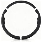 Front view of a black perforated leather 3-piece steering wheel cover set for Toyota Camry 2015-2017 & Camry SE 2012-2014#color=black perforated leather