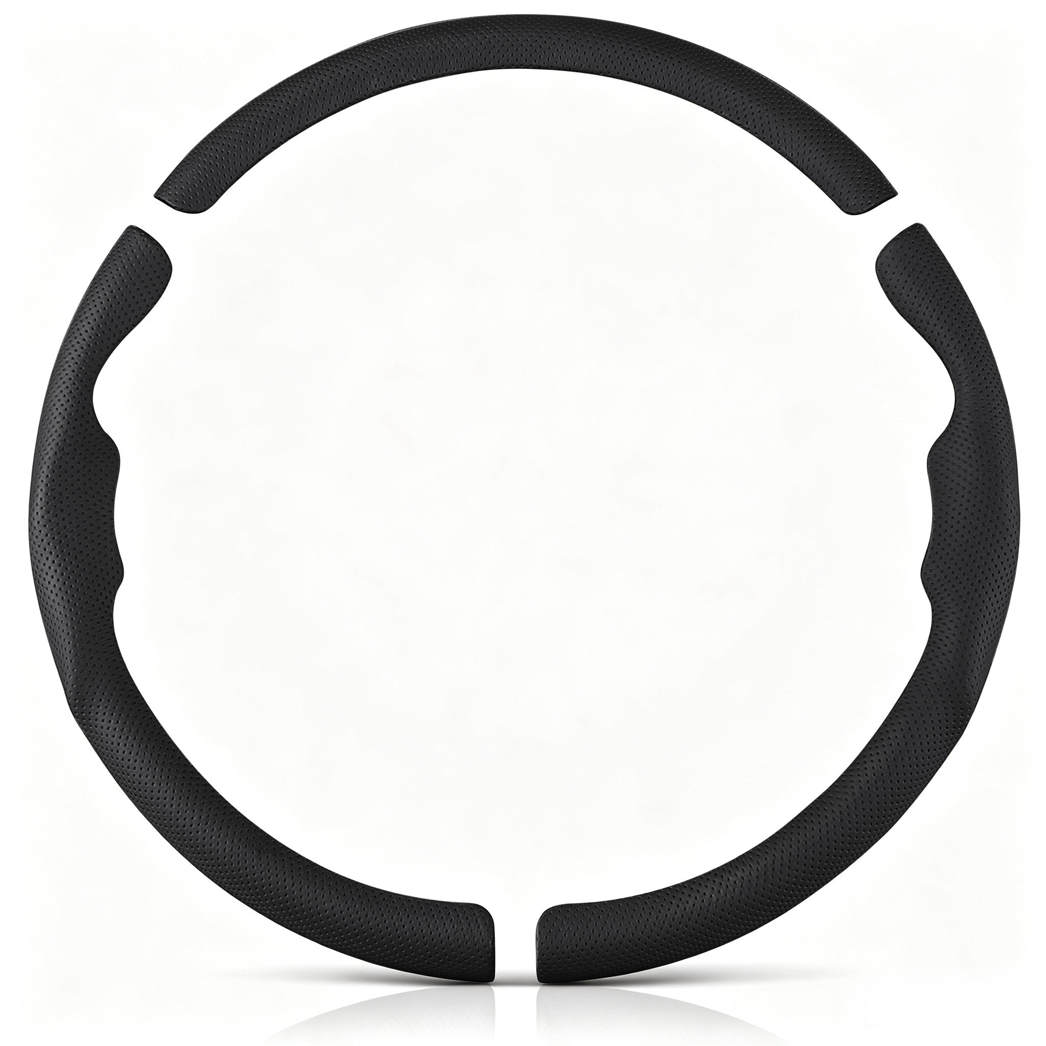 Front view of a black perforated leather 3-piece steering wheel cover set for Toyota Camry 2015-2017 & Camry SE 2012-2014#color=black perforated leather