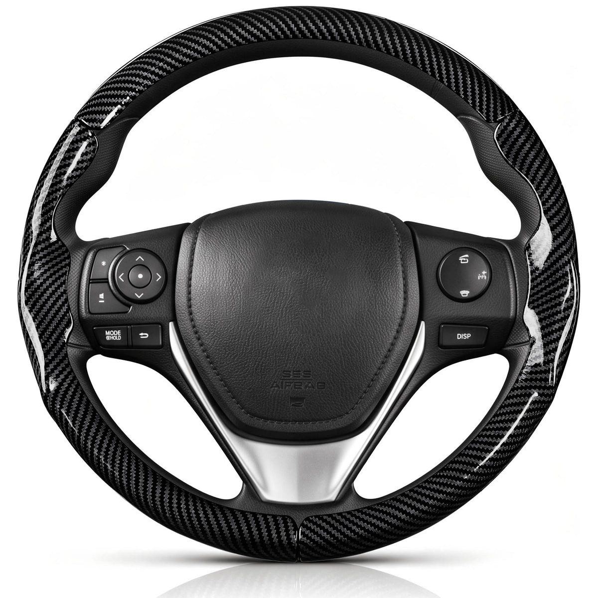 Front view of glossy black carbon-fiber-style 3-piece steering wheel cover for Toyota Corolla 2014-2019#color=glossy black