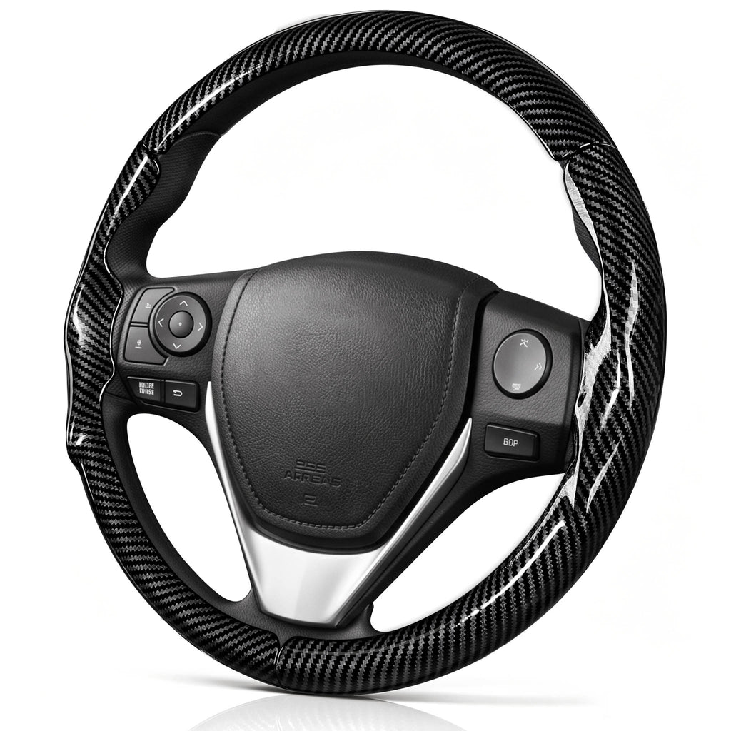Angled front view of glossy black carbon-fiber-style 3-piece steering wheel cover for Toyota Corolla 2014-2019#color=glossy black