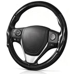 Angled front view of glossy black carbon-fiber-style 3-piece steering wheel cover for Toyota Corolla 2014-2019#color=glossy black