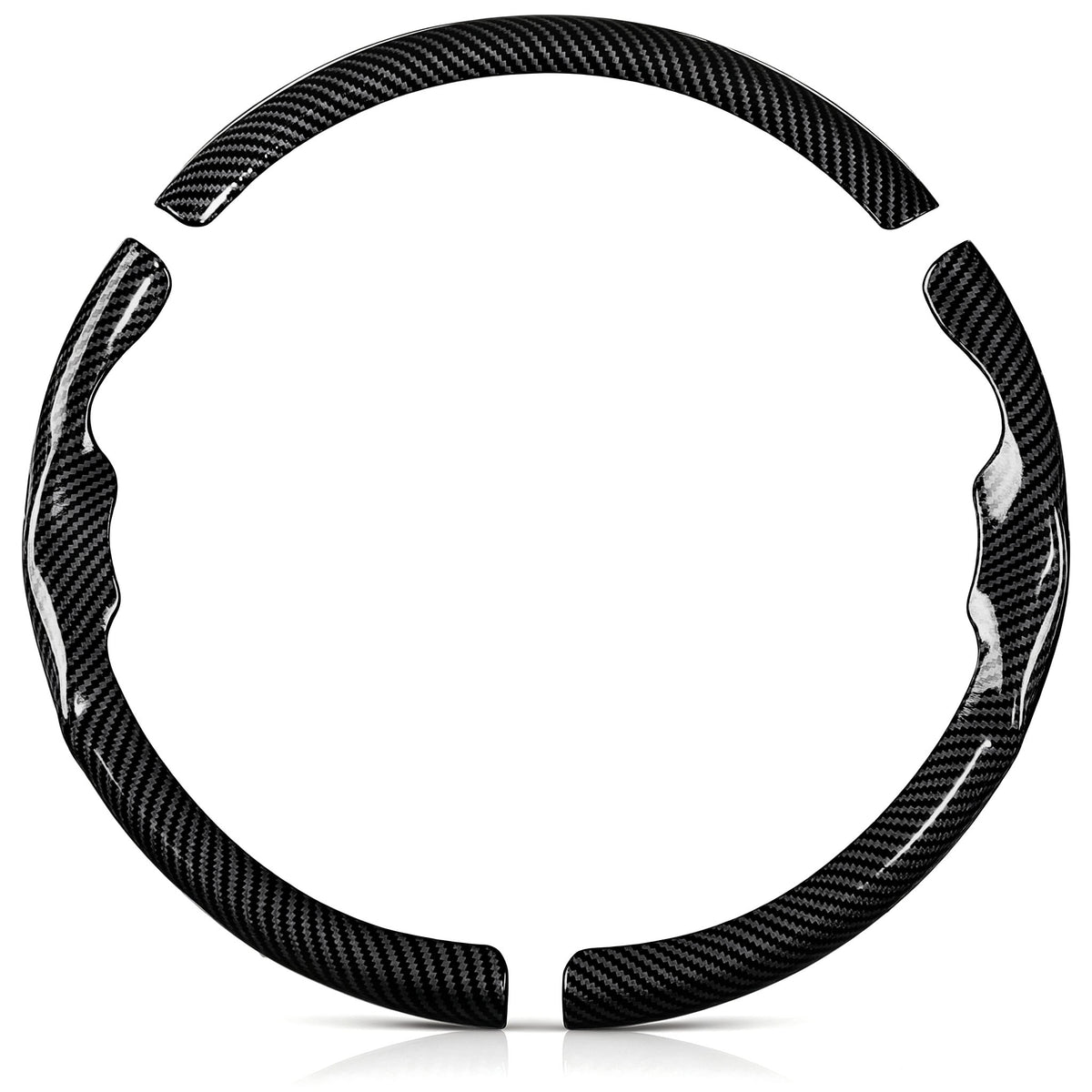 Front view of a glossy black carbon-fiber-style 3-piece steering wheel cover set for Toyota Corolla 2014-2019#color=glossy black