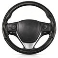 Front view of matte black carbon-fiber-style 3-piece steering wheel cover for Toyota Corolla 2014-2019#color=matte black